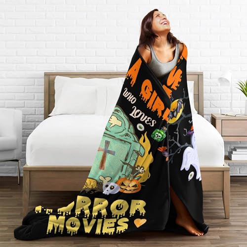 Image of Just A Girl Who Loves Horror Movies Blanket Ultra-Soft Warm Plush Soft Throw Gifts Lightweight Flannel Blankets for All Season Bed Couch Chair Living Room 80 inchx60 inch Large for Men Women