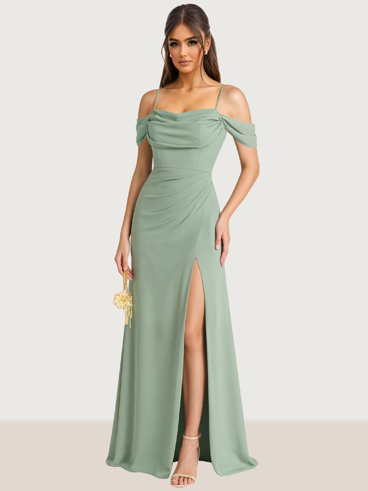 HUINI Schulterfreie Brautjungfernkleider mit Schlitz Langes Chiffon Hochzeitsgastkleid Formelles Abendkleid für Damen
