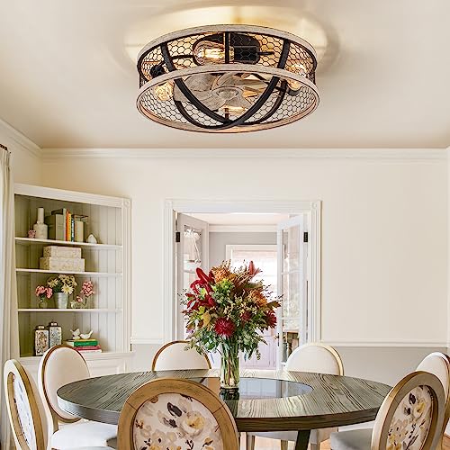 WWM 20'' Flush Mount Caged Ceiling Fan with Light, Low Profile Farmhouse Ceiling Fans with Remote, 3 Speeds,Reversible Motor Fan for Small Space,Fan Lights Ceiling Fixtures(5 E26 Bulbs Include) - Image 3