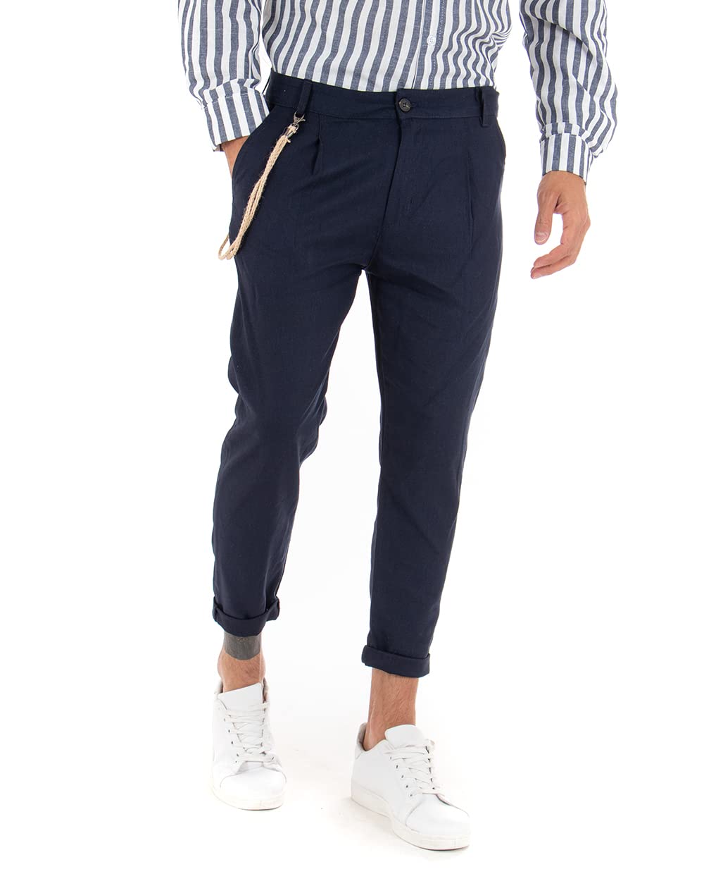 Giosal- Pantalone Elegante Uomo di Lino Tinta Unita con Catena,Modello Tasca America Vari Colori