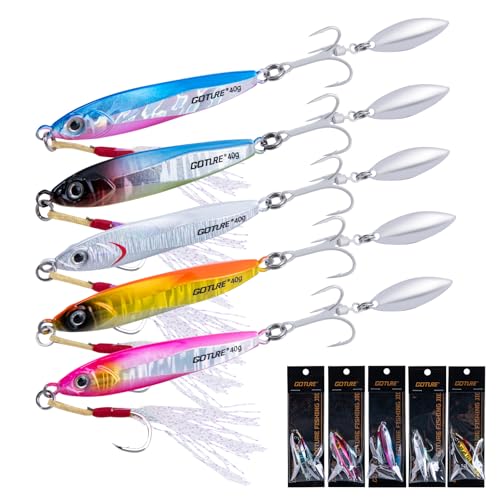 Goture Fishing Jigs 40g 60g Vertical Jig Saltwater Freshwater Jig Fishing Lures with Assist Hooks and Treble Hook Jigging Spoon Lures for Tuna Salmon Striped Bass Grouper Snapper Kingfish