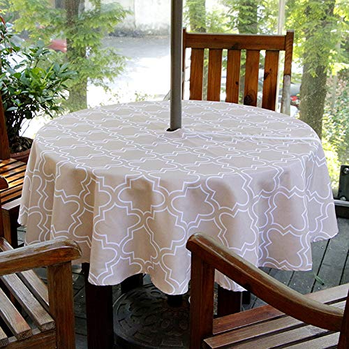 Mingfuxin Outdoor Tablecloth Spillproof Waterproof Table Cover with Zipper Umbrella Hole for Patio Garden Tabletop Decor, 60 Inch Round, Zippered (Khaki)
