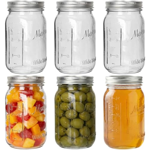 32 oz Wide Mouth Mason Jar with Airtight Lids 6 Pack Glass Canning Jars