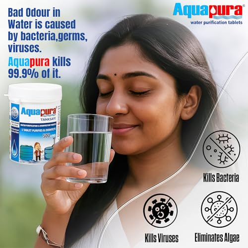 Image of Aquapura Chlorine Water Purification Tablets | Each Tablet for 500L, 50 Tab Pack | (25000L Water Purification) | 3 Years Shel Life & Warranty, Chlorine Tab for Overhead & Undergorund Tanks pack of 2