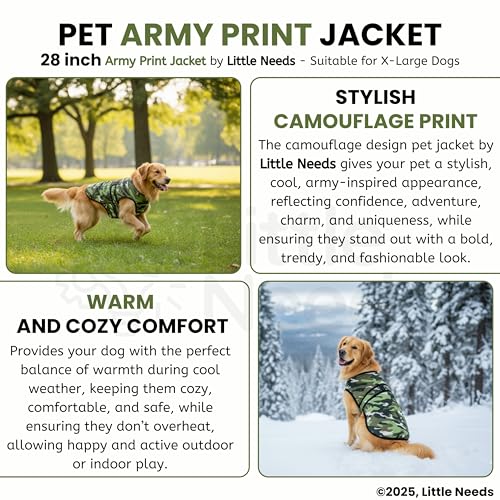 Image of Dog Jacket for Winter (Army Print, 28 Inch) | Camouflage Design, Waterproof & Windproof Polyster Coat with Fleece, Adjustable Velcro Closure, Warm Vest for Cold Weather