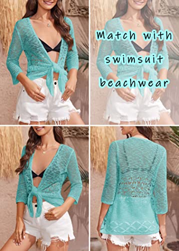 Image of Nulibenna Womens Sheer Shrug Sweaters 3 /4 Sleeve Open Front Tie Cardigan Bolero Jacket Lightweight Crochet Knit Cover Up Tops