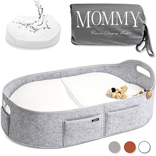 Image of Baby Changing Basket with Contoured Foam Pad - Wipe Clean, Waterproof Cover - Changing Pad Topper for Dresser/Table, Living Room, Portable, Moses Basket, Gray, J&JOO… (Gray)