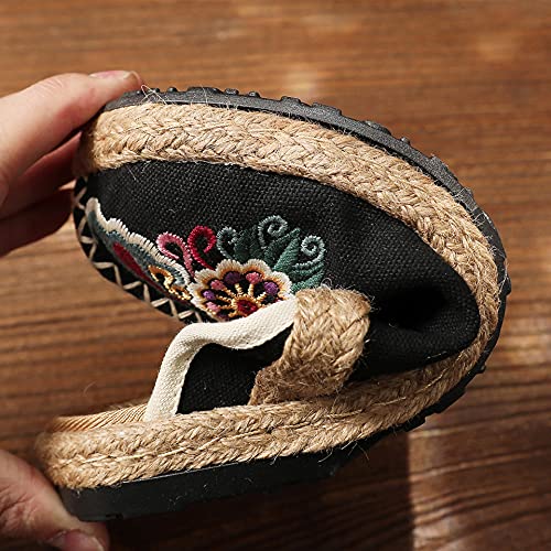 Hee Grand Women's Embroidered Espadrilles Slip On Mule Slippers Ethnic Style Cotton And Linen Flats Retro Chinese Style，Black 7 #TOP3