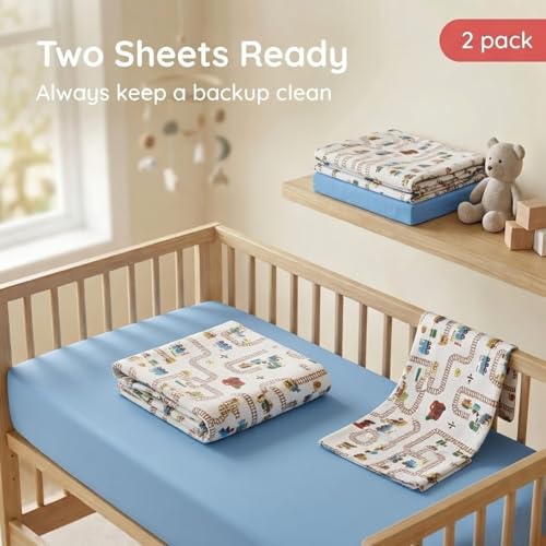 Image of Everyday Kids 2 Pack Fitted Boys Crib Sheet, 100% Soft Breathable Sheet, Fits Standard Size Crib Mattress 28in x 52in, Nursery Sheet - Train /Light Blue