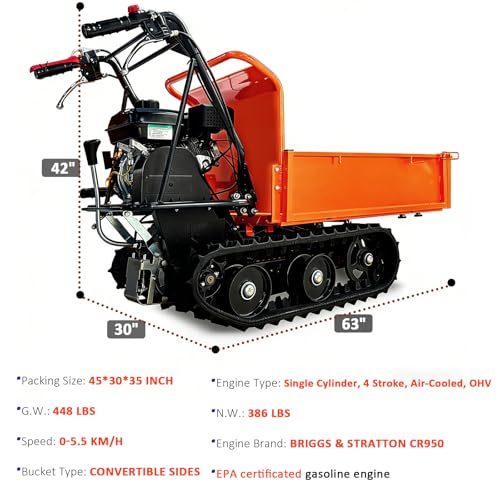Carretilla motorizada de cadena 660 lb, dumper rastreador a gasolina con motor B & S CR950 208cc 6.5HP, caja de cambios 3F+1R, lados convertibles para jardinería y construcción miniatura 7