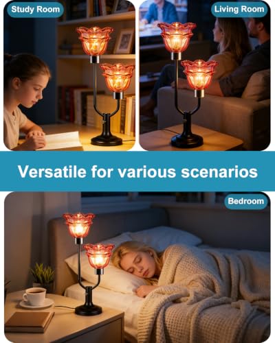 Image of Lightdot Mid Century Modern Table Lamp Red Flower Glass Lamp Gift Dimmable | Nightstand Lamp Vintage Black Desk Lamp 2 Bulbs Included Warmwhite Ambient Bedside Lamps for Living Room Bedroom Home Decor