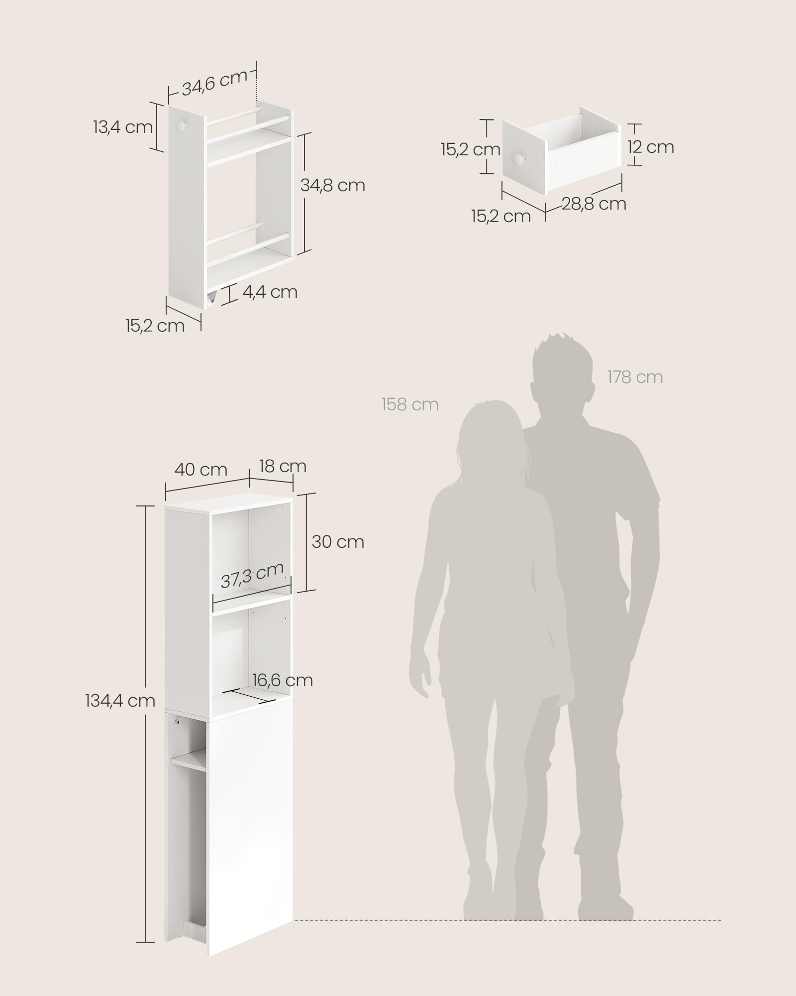 VASAGLE Mobile Bagno Alto, Mobiletto Bagno a Colonna con Cassetti e Ripiano Regolabile, per Spazi Piccoli, Stile Moderno, Bianco Classico BBK567T14
