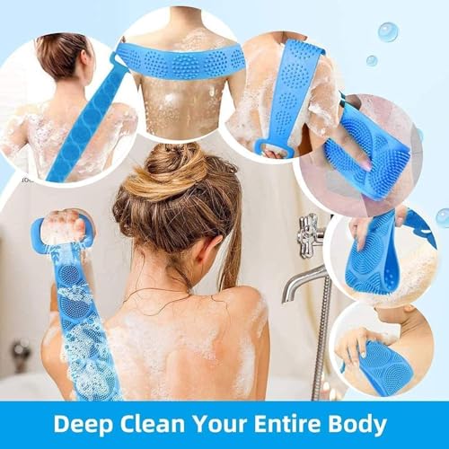 Image of KIMEE Silicone Body Back Scrubber, Double Side Bathing Brush for Skin Deep Cleaning Massage, Dead Skin Removal Exfoliating Belt for Shower, Body Brush for Bathing (Multi Color)