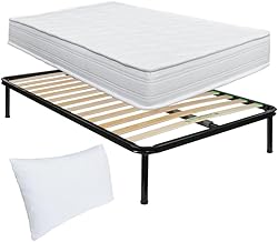 Comprarredo Norway Double Bed and Mattress Kit 120 x 190 cm + Memory Flake Pillow, Double Bed Frame Flexible Slats 120 x 190 cm Orthopaedic with Foam Mattress 19 cm High