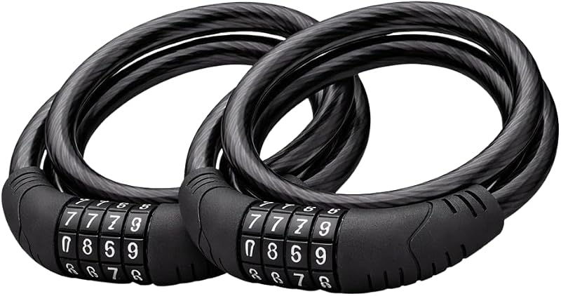 2 Pack Bike Lock Cable, Black | 4 ft Steel Cable, 10mm Thick, Resettable 4 Digit Combination, PVC Coated