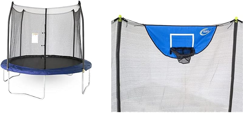Trampolín redondo de 10 pies y recinto con resorte, azul + nuevo juego de baloncesto Skywalker Trampolines
