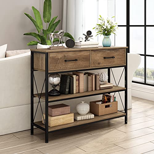 Urkno Console Table With Drawers, Rustic Hallway Table With Storage Shelves, Narrow Long Sofa Entryway Table For Living Room, Metal Frame, Rustic Brown #TOP4