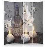 Feeby Paravent Buddha Zen-Kultur 145x150 cm 4 Teilig Modern Design einseitig Raumteiler Wandschirme Foto Trennwand Raumtrenner Sichtschutz Spanische Wand auf Leinwand Bedruckt Kerzen Blumen