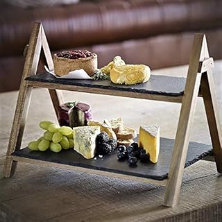 Slate Serving Board Premium Bamboo Rustic Slate Boards 2 Tier Cake Stand Foldable Rack Food/Tapas/Sushi/Appetiser Dishes Serving Tray Plates Platters