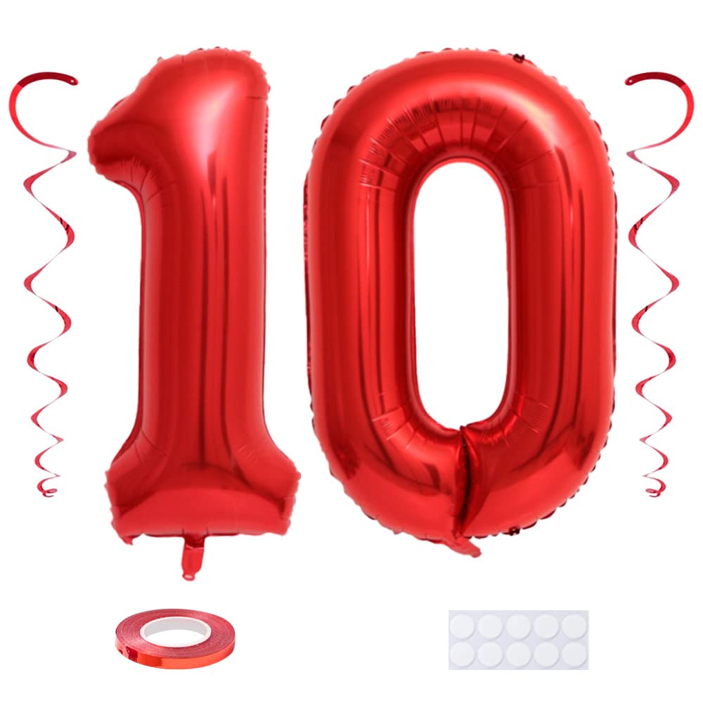 Jumbo 10 Number Balloon 40 Inch Large Digit Balloons Huge Helium Balloon Foil Mylar Balloon with Swirl Decorations for 10th Birthday Party Graduation Celebration Anniversary Event, Red
