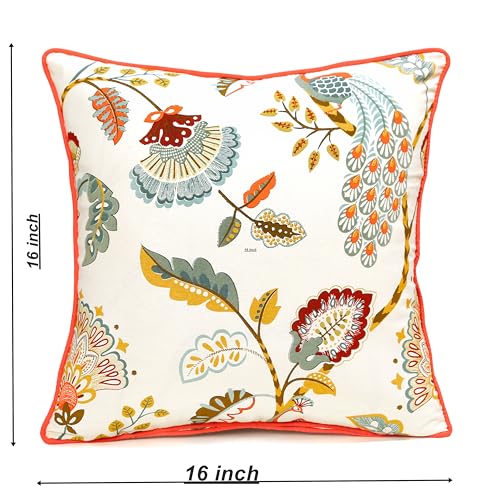 Image of Cotton Cushion Covers 16x16 Inch - Hand Block Floral Print Pillow Covers for Sofa, Couch & Bedroom (Pack of 5) (White & Green)