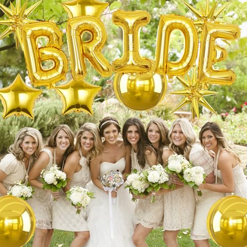 Image of Gold Bride Balloons Bachelorette Party Decorations, 32in Gold Giant Bride Balloons with 4D Disco Ball Balloon and Star Foil Balloon for Bridal Shower Wedding Engagement Party Supplies