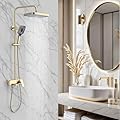 CHALIRS Shower Systems with 12 x8 Inches Rain Shower Head,Brushed Gold Exposed Pipe Shower System,3 Functions Tub Shower Faucet Sets,Overhead Shower System with Handheld