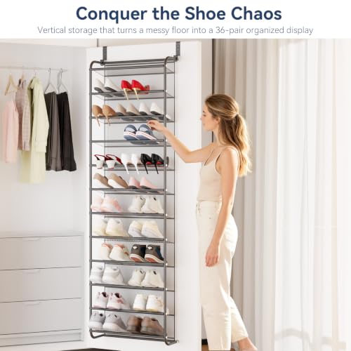 Image of Whitmor 36 Pair Over the Door Shoe Rack,12 Tier Hanging Shoe Organizer with Metal Frame & Mesh Shelves, Heavy Duty Shoe Storage Holder for Door, 74 inch H x 21.7 inch W x 7.5 inch D, Matt Gunmetal