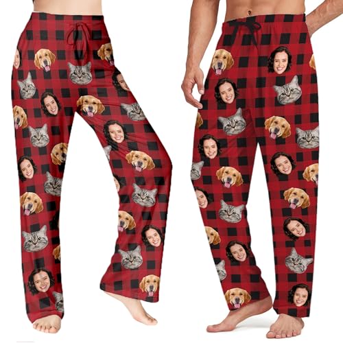 Custom Pet Photo Pajama Pants for Men Women,Personalized Dog Cat Face Print PJ Bottoms for Family Christmas2