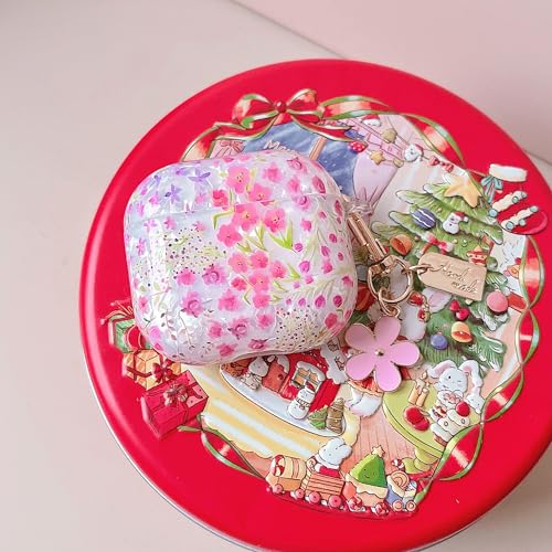Image of MINSCOSE for Cute Glitter AirPods 4 Clear Case,Shell Pattern Cartoon Flower Aesthetic Design with Floral Keychain,Soft TPU Protective Cover with Cleaner Kit for AirPods 4-Pink