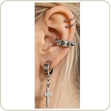 3Pairs Ear Cuffs Golden Stainless Steel Cross Pendant Earrings Clip on Wrap Punk Spike Earrings Cross for Women Non Piercing