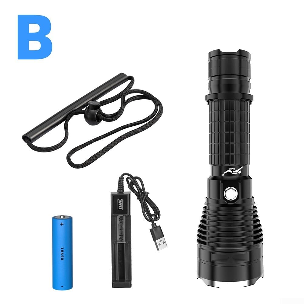 Scube Diving Flashlight 4000LM High Brightness Scuba Diving Torch XHP70 LED Underwater Torch Waterproof 50M IPX8 Rechargeable Battery for Outdoor Activities(B)