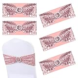 ISKYBOB Set of 12 Sequin Chair Sashes, Spandex Stretchy Chair Covers Glitter Chair Band with Buckle Decorative Bows Ties for Wedding Party Supplies, Rose Gold