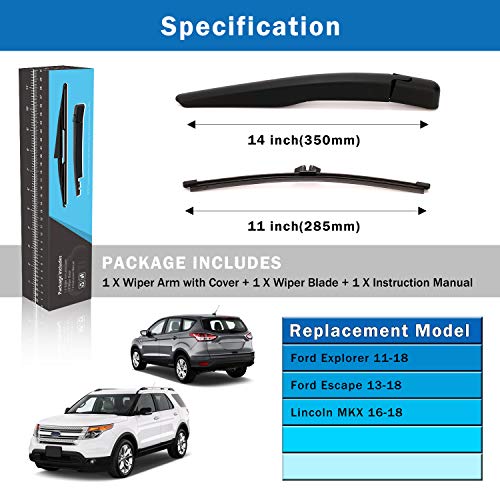 Wti Rear Wiper Arm Blade Set Compatible With Ford Explorer 2011-2019 / Escape 2013-2018 / Compatible With Lincoln Mkx 2016-2018 Suv Rear Windshield Window Wiper Kits Assembly New Replacement #TOP4