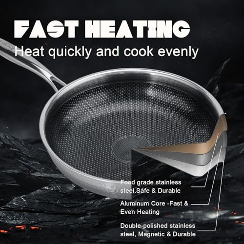 RisenutX Hybrid 8 10 12 inch Stainless Steel Non Stick Skillet set,Frying Pans Nonstick, PFOA Free Cookware, Dishwasher and Oven Safe, Induction Compatible