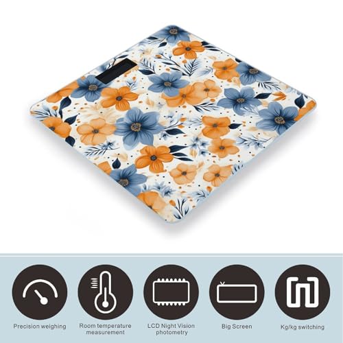 Báscula digital de vidrio templado con flores azul y naranja miniatura 3