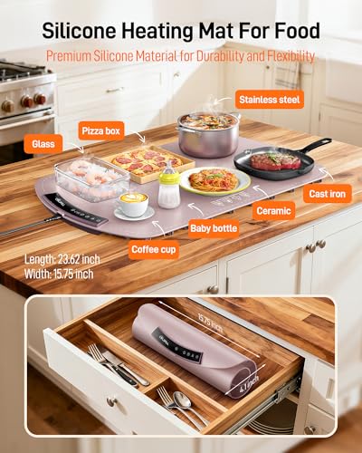 COLDFILL Food Warming Mat, Large Electric Warming Mat for Food & Buffet Party, 8 Temp Levels & 4H Timer, 5s Full-Surface Heating, Waterproof Silicone, Roll-Up Design, Easy to Clean