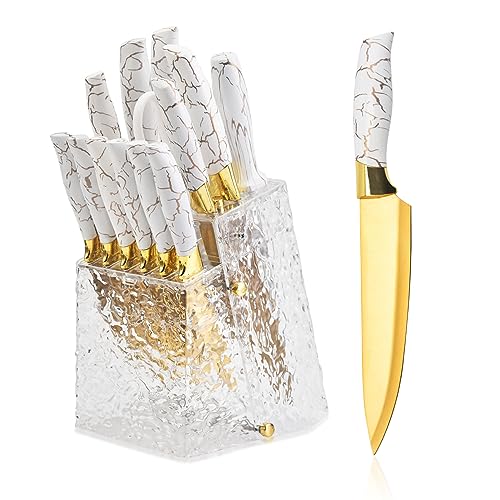 Kitchen Knife Set Non Stick Knives With Block, Serrated Steak Knife, Chef Knife, Bread Knife, Scissors, Sharpener, 14Pcs Stainless Steel Ultra-Sharp Cutlery Block Sets With Titanium Coated Blade