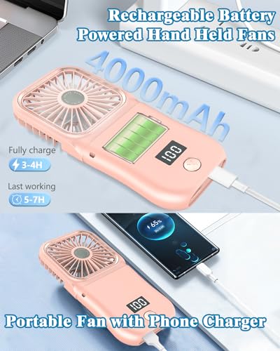 Hand Held Fan Rechargeable,Mini Fan Portable Fan Battery Powered Fan with 3 Speed, Table Fan Small Desk Fan, Cordless Personal Fan, 180°Folding Hand Fan Summer Gifts for Women Girls Kids Pink