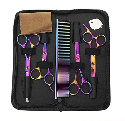HIP-HOME Dog Grooming Scissors Set Dog Cat Grooming Shears Set 5 Piece Stainless Steel Straight & Thinning & Curved Pet Trimmer Kit Hair Cutting