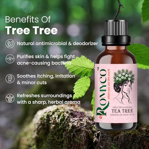 Image of Romyco Tea Tree Essential Oil 30ml for Acne Relief, Skin Care, Healthy Scalp | Antifungal, Antimicrobial | Air Purifier | Men & Women | Pure Natural Premium & Undiluted
