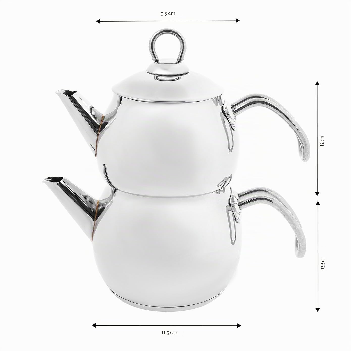 Karaca Adelya Caydanlik - Mini tetera turca de metal de 0,65 l + tapa y bebedero de 1,1 l de acero inoxidable - Apto para lavavajillas - Apto para lavavajillas