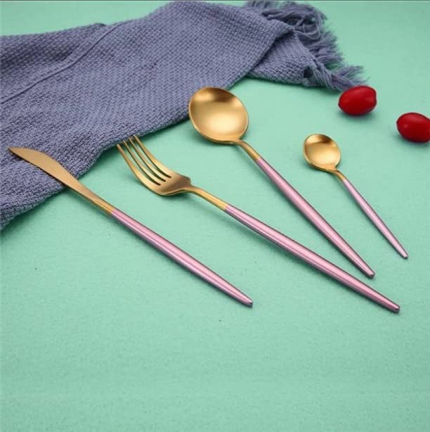 Image of aDai Premium Gold SUS304 Stainless Steel Cutlery Set - 8 Spoons, 4 Fork, 4 Steak Knife - Mirror Finish Dinnerware Flatware (Pink - Set of 16)