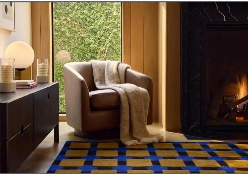 10x14 Ft Hand Tufted Wool Area Rug, Modern Geometric Checkerboard Blue Black & Mustard Square Design, Handmade Carpet for Living Room Bedroom Home Décor