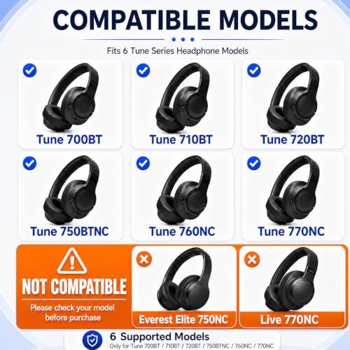 Image of Mizi Replacement Ear Pads Compatible with JBL Tune 700BT, 710BT, 720BT, 750BTNC, 760NC & 770NC Wireless Over-Ear Headphones, Soft Protein Leather Ear Cushions with High-Density Memory Foam, Black