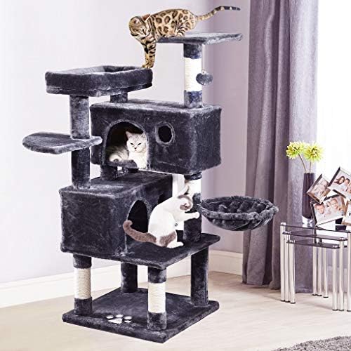 JISSBON 124cm Cat Tree Tower, Multi Level Cat Scratching Post with Condos, Hammock & Plush Perches for Kittens, Large Cats, Grey