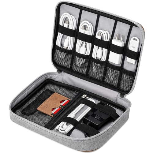 AiQInu Bolsa Organizadora Electrónica, Bolsa Accesorios Tecnológicos con Bolsillo iPad Mini, Ranura para Tarjeta SD & Correas Elásticas para Cargador, Cables, Power Bank, Viajes, Camping, Gris