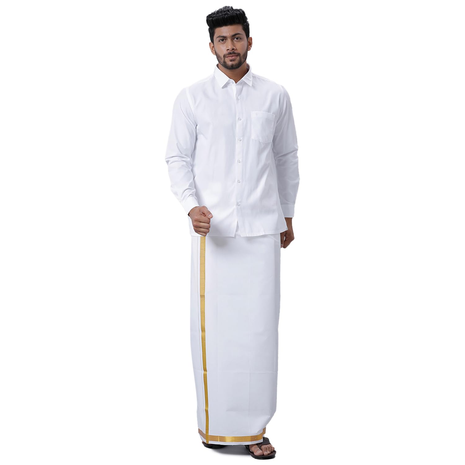 RAMRAJ trending cotton full sleeve shirt with gold jari border dhoti for men