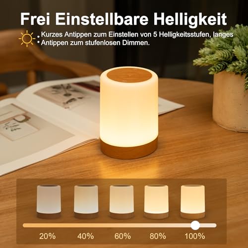 Dorifun Nachttischlampe Touch Dimmbar, LED Tischlampe Kabellos Akku USB Aufladbar mit RGB Farbwechsel, Kinder Nachtlicht Dimmbar mit Timing für deko Schlafzimmer Kinderzimmer Geschenke