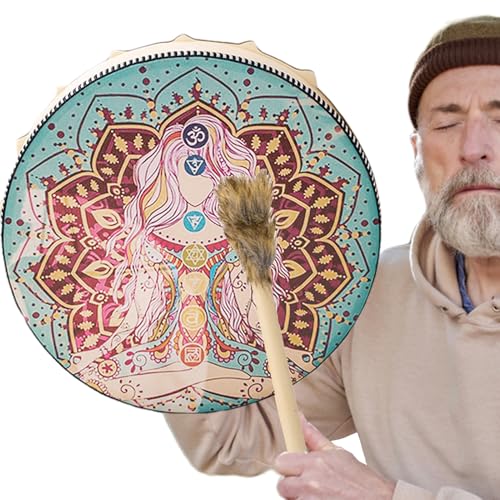 Schamanische Trommel – PU-Ledertrommel der amerikanischen Ureinwohner, runde Perkussion, große Töne, Holzhammer | Spirituelles Heiltherapie-Meditationsinstrument für meditative schamanische Praktiken